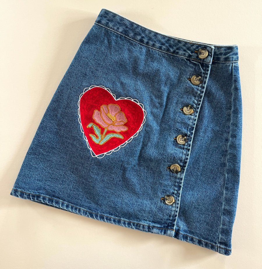 Upcycled Flower Heart Button-Up Denim Skirt