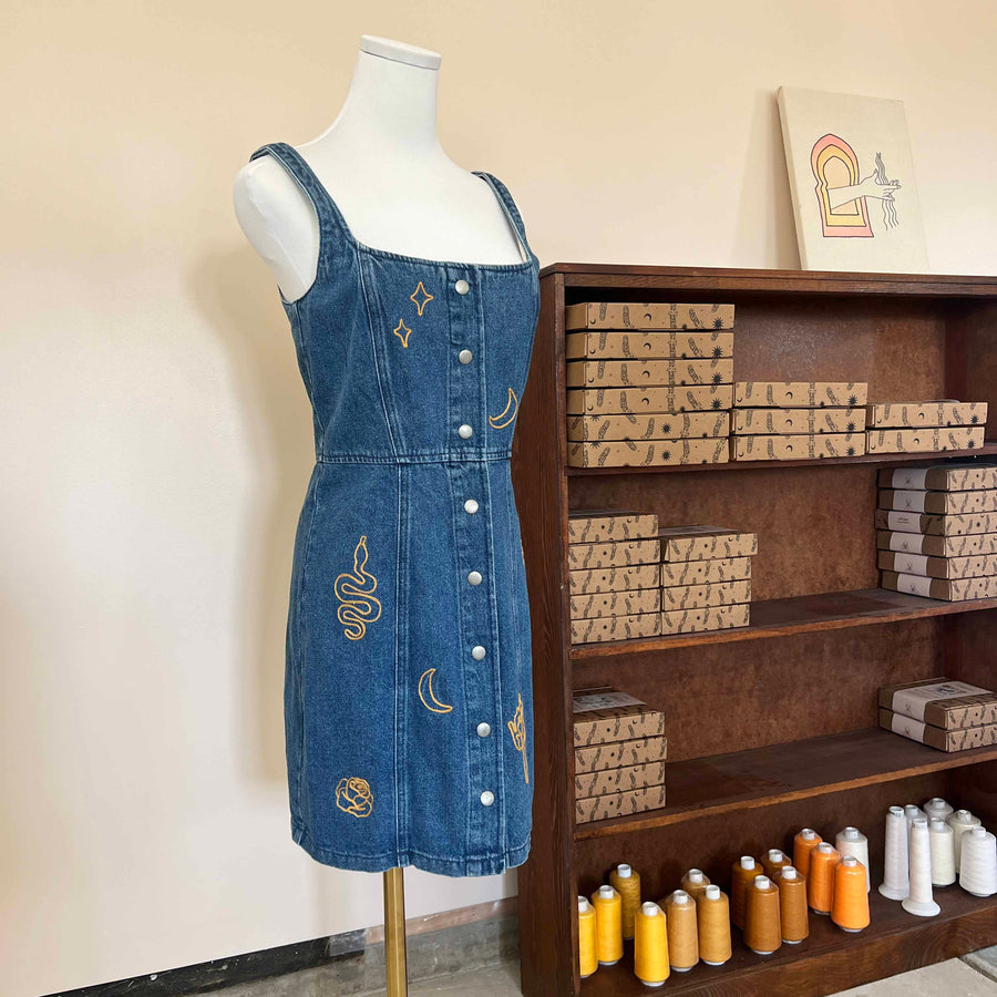 upcycled denim dress EB Polka in Denim Front center zipper closure Upcycled Denim Sleeveless Mini Dress